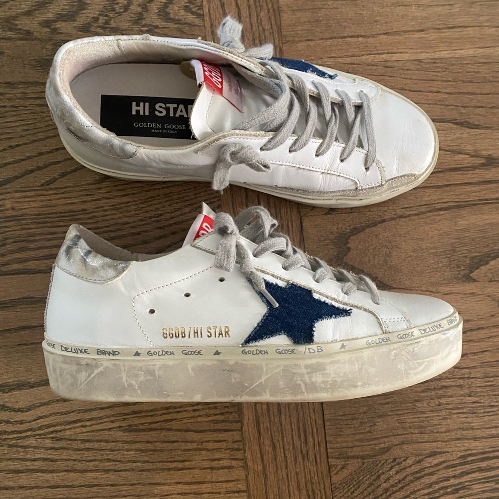 Golden Goose Hi Star White and Navy Sneakers